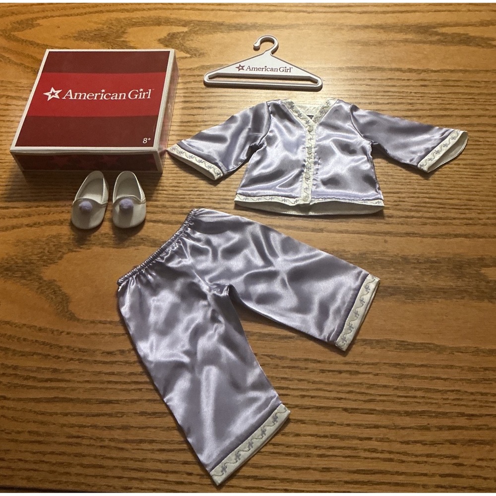 American Girl Doll Nellie's Retired Satin Pajamas Set Slippers Hanger Box